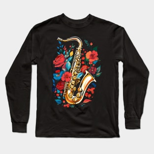 Saxophone Instrument Retro Red Flowers Color Nature Splash Long Sleeve T-Shirt